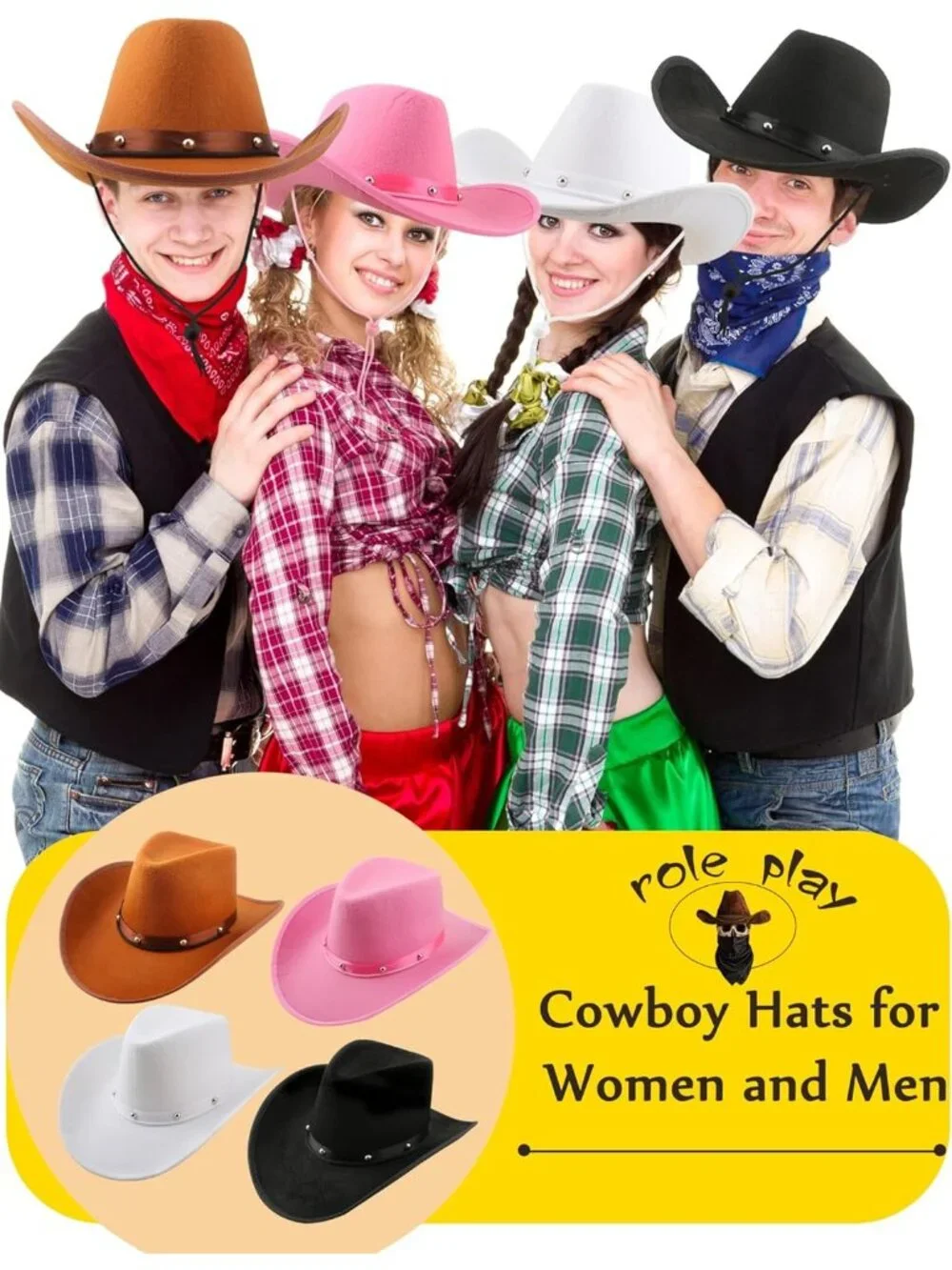 Men's White Felt Western Adult Dress up Costume Cowboy Hat 4 Pack